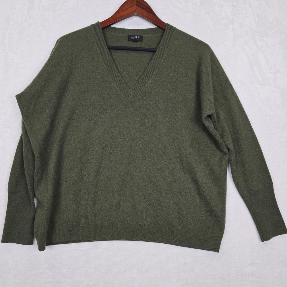 J.Crew Womens 100% Cashmere Oversized V-Neck Sweater Olive Green Small